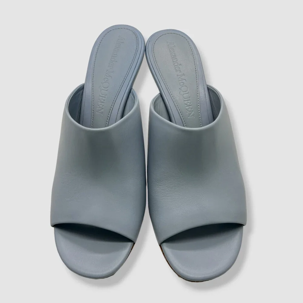 $990 Alexander McQueen Women's Blue Arc Calfskin Wedge Mule Sandal Shoes Size 38 - Picture 2 of 9